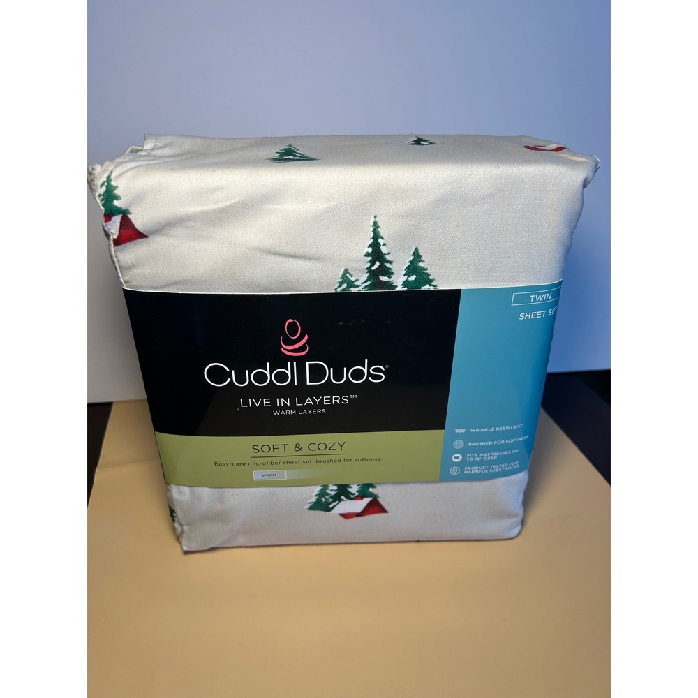 Cuddl Duds Twin Sheet Set Forest Barn Green Trees Red House Soft Cozy 3PC NEW